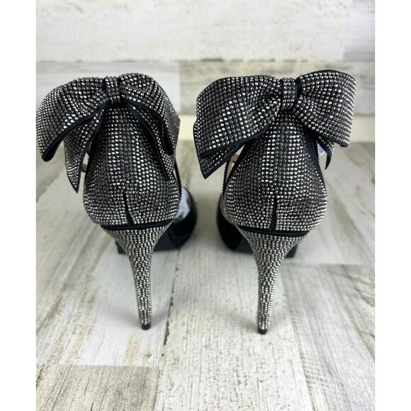 Lauren Lorraine Womens 10 Black Satin Rhinestone Bowtie Buckle Formal Heels NEW - Picture 3 of 9